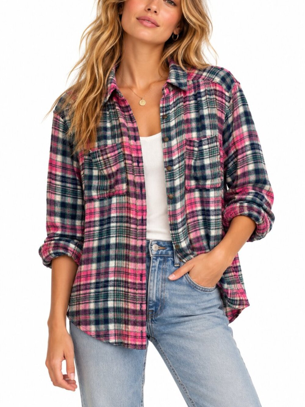 Pilcro Hadley Relaxed Buttondown Plaid Flannel Shirt Anthropologie Pink Green S